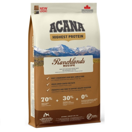 ACANA Highest Protein Ranchlands – hrană uscată fără cereale pentru câini, bogată în proteine, 11,4 kg